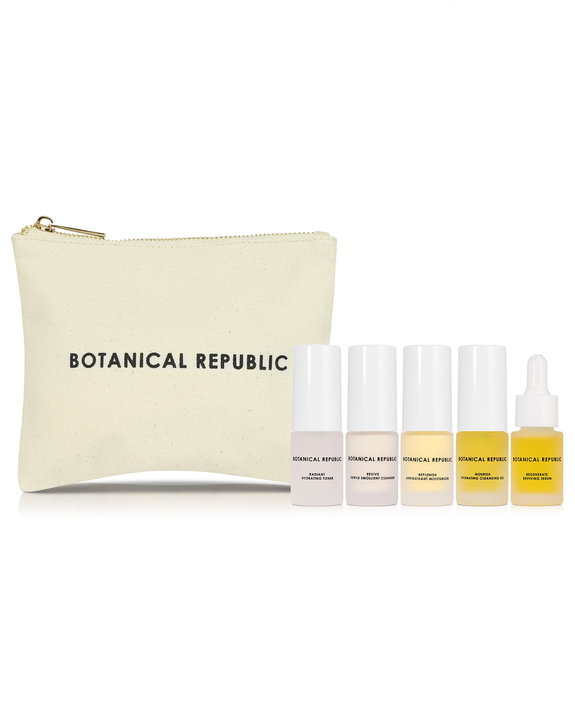Set of skincare products with a cream-colored pouch labeled &